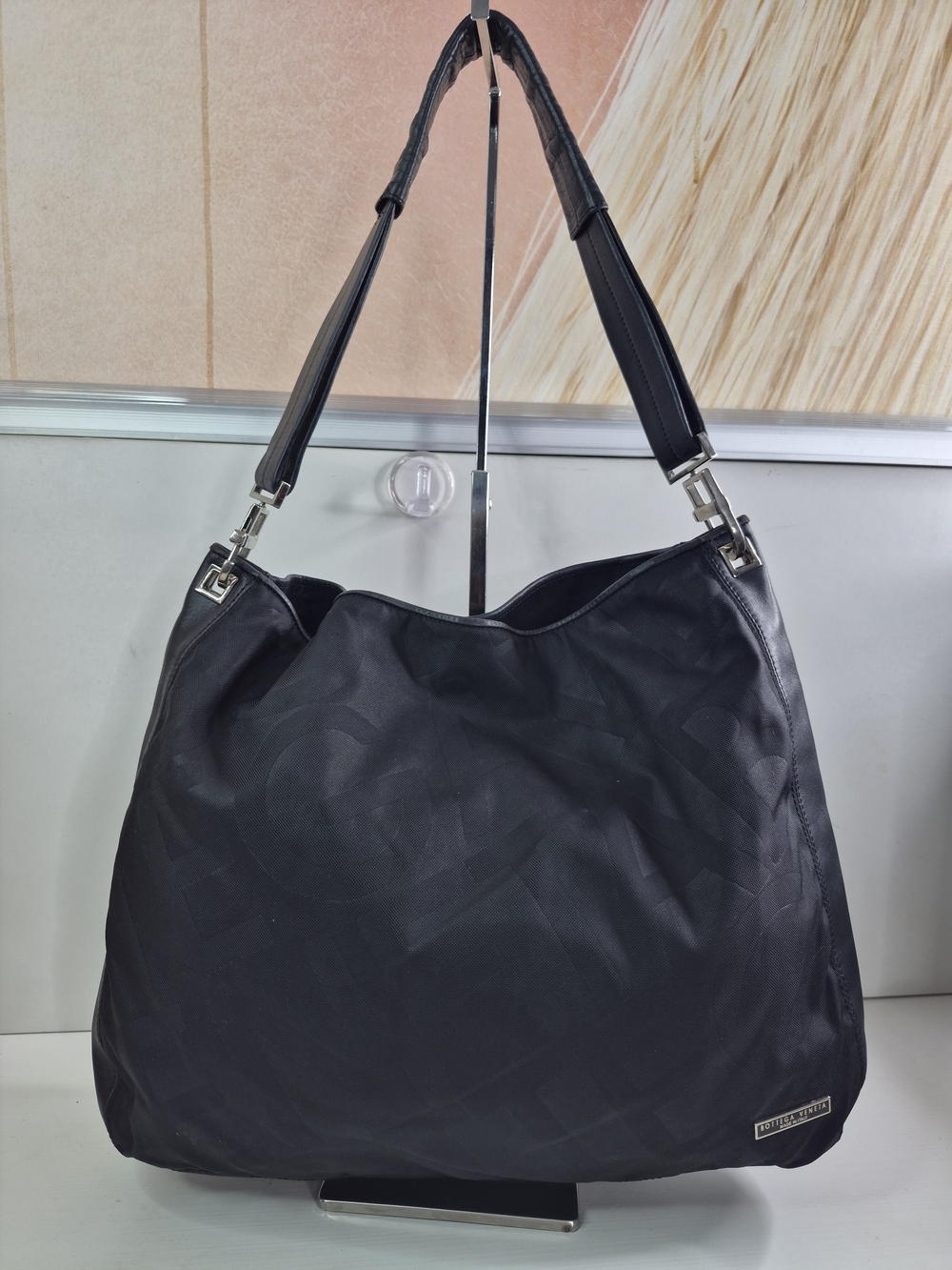Bottega Veneta Black Shoulder Hobo Bag with Subtle Logo Texture